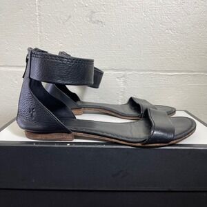 Frye Carson Black Pebbled Leather Ankle Wrap Flat‎ Sandals Back Zip Womens 9.5 M
